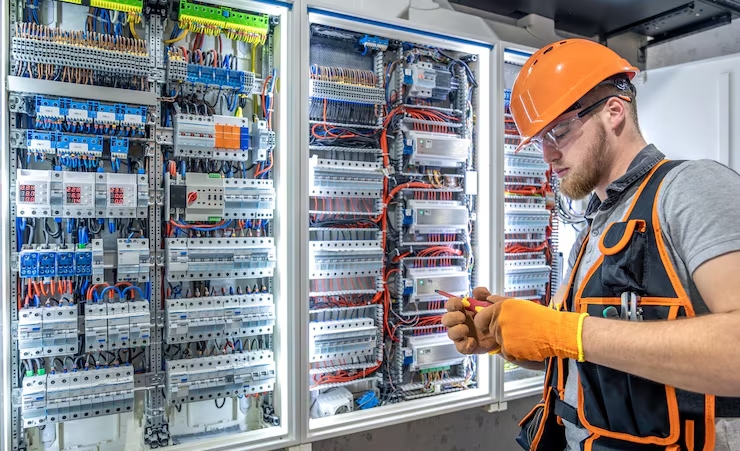 Profesyonel elektrikçi elektrik panosu üzerinde çalışıyor